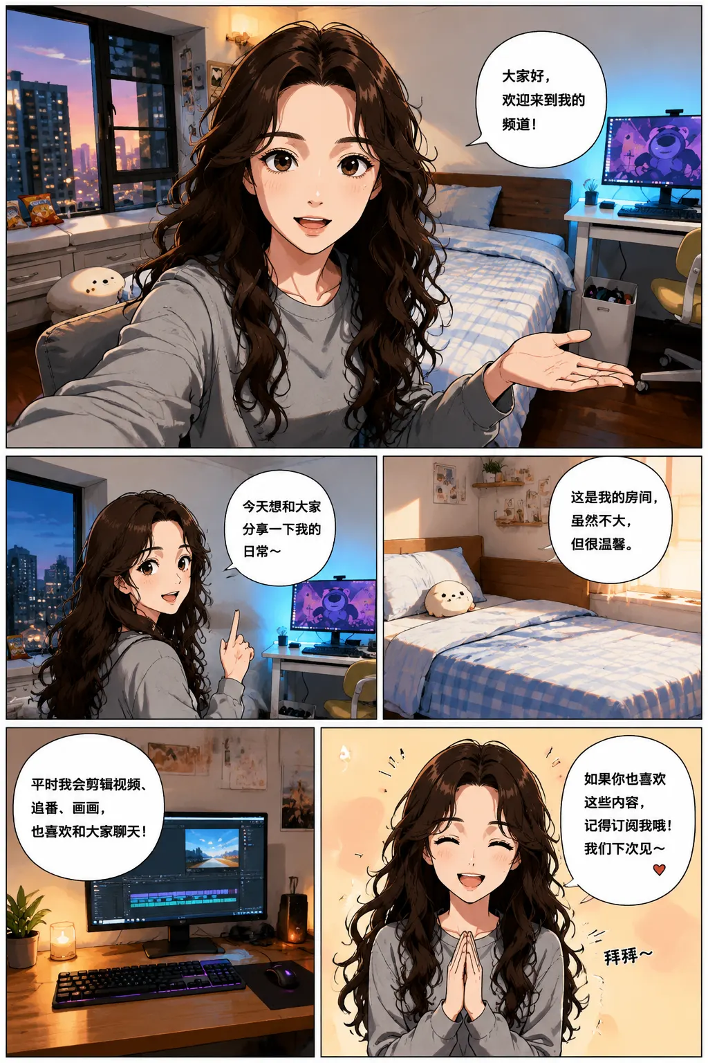 漫画人生示例:自拍少女在卧室向镜头打招呼